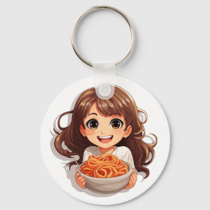 Cute Kawaii Girl Eating Spaghetti Keychain