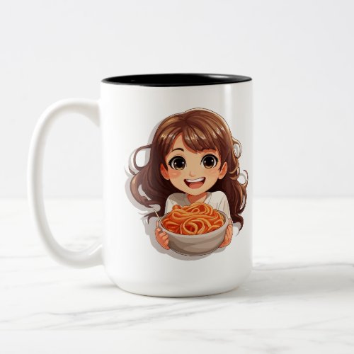 Cute Kawaii Girl Eating Spaghetti Two_Tone Coffee Mug