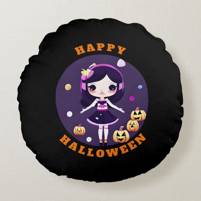 Cute Kawaii Girl in Pumpkins Halloween Round Pillow (Front)