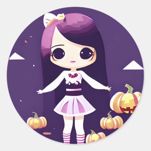 Cute Kawaii Girl with Pumpkins Halloween Classic Round Sticker