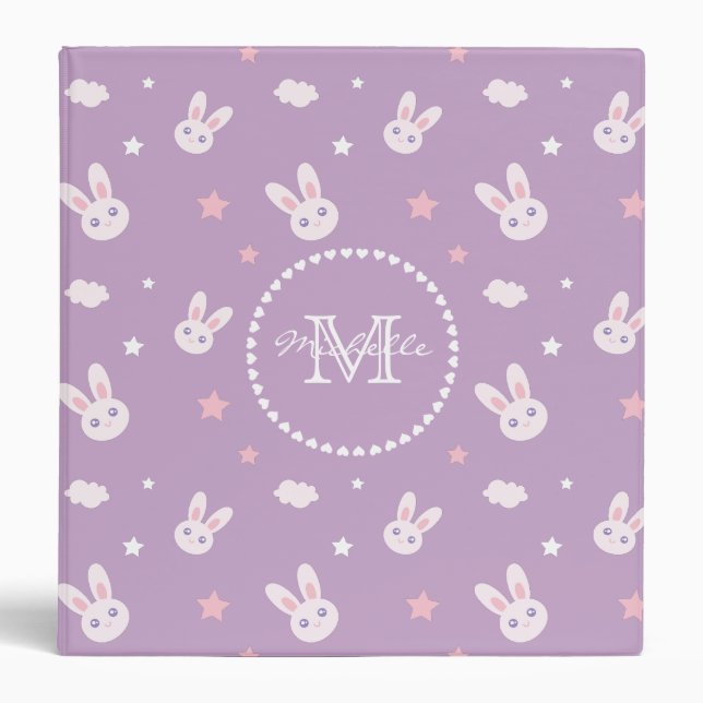 Cute Kawaii Girly Pink Bunny Rabbit Pastel Purple 3 Ring Binder (Front)