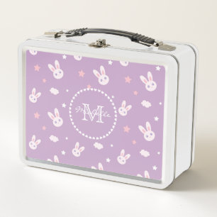 Cute Kawaii Girly Pink Bunny Rabbit Pastel Purple Metal Lunch Box