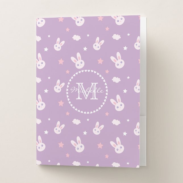 Cute Kawaii Girly Pink Bunny Rabbit Pastel Purple Pocket Folder (Front)