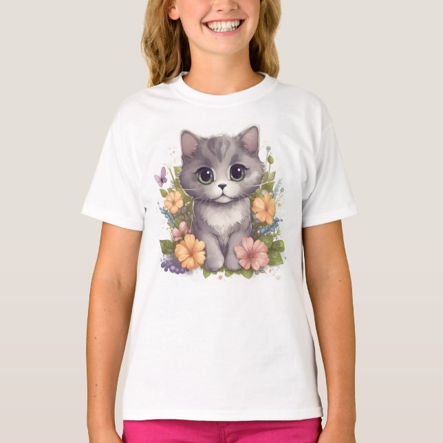 Cute Kawaii Gray Kitten with Flowers T-Shirt (Front)