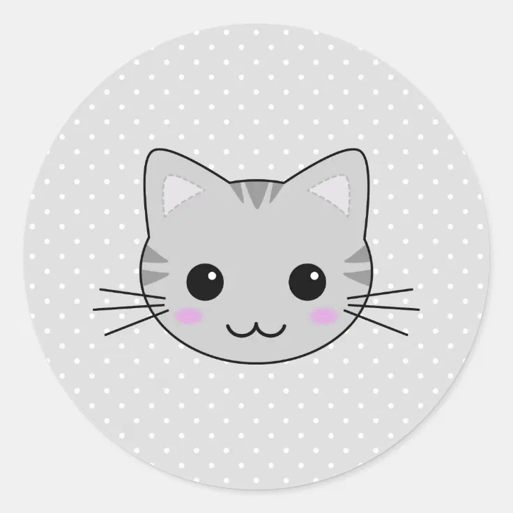 Cute Kawaii Gray Tabby Cat Cartoon Classic Round Sticker | Zazzle
