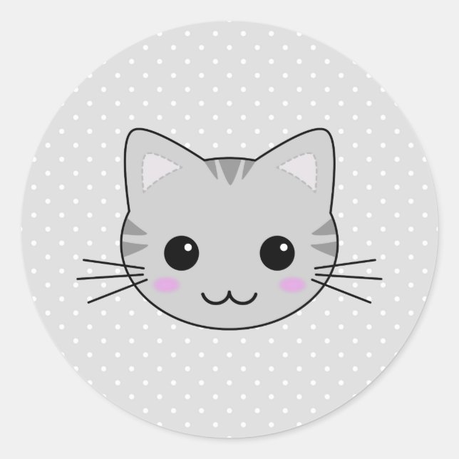 Cute Kawaii Gray Tabby Cat Cartoon Classic Round Sticker (Front)