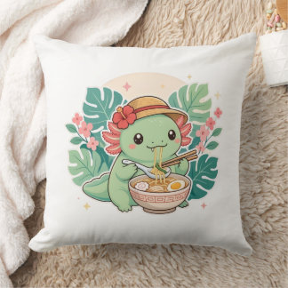 Cute Kawaii Green Axolotl Eating Ramen Noodle Throw Pillow