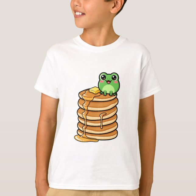 Cute Kawaii Green Frog Sitting on Giant Stack T-Shirt (Front)