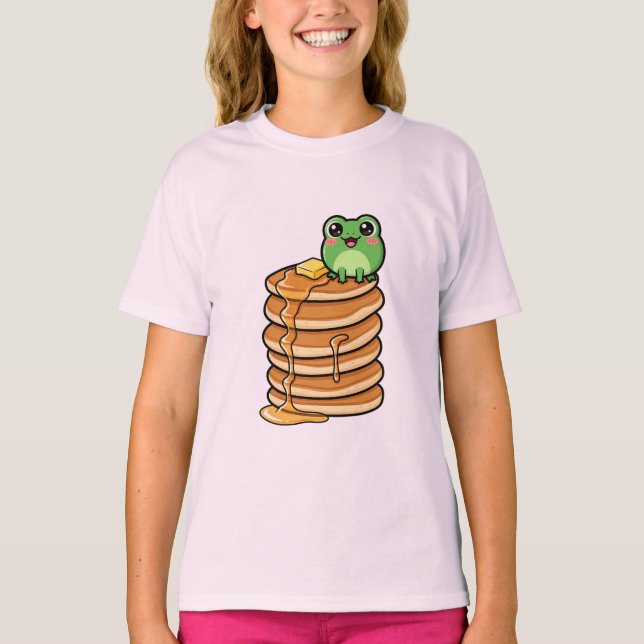 Cute Kawaii Green Frog Sitting on Giant Stack T-Shirt (Front)