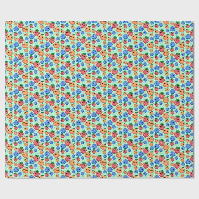 Cute Kawaii Green Orange Blue Fruit Gender Neutral Wrapping Paper (Flat)