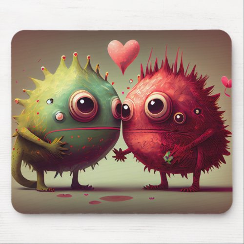 Cute Kawaii Green  Pink 3D Monsters Valentines Mouse Pad