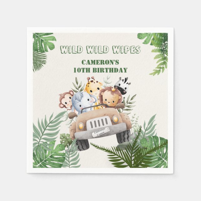 Cute kawaii green wild safari animals party napkins (Front)