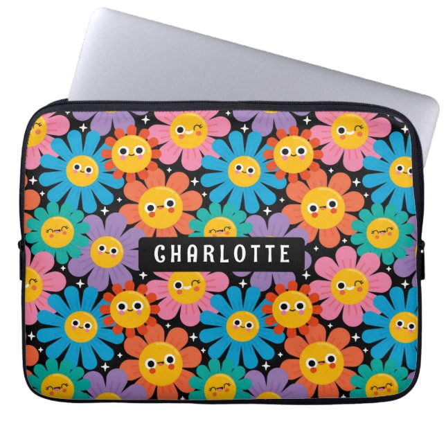 Cute Kawaii Groovy Daisy Personalized Name Laptop Sleeve (Front)