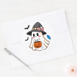 Cute Kawaii Halloween Ghost in Witch Hat with Pump Classic Round Sticker