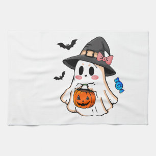 Cute Kawaii Halloween Ghost in Witch Hat with Pump Kitchen Towel