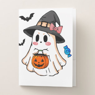 Cute Kawaii Halloween Ghost in Witch Hat with Pump Pocket Folder