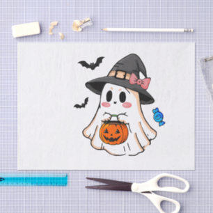 Cute Kawaii Halloween Ghost in Witch Hat with Pump Tissue Paper