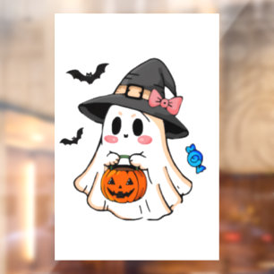 Cute Kawaii Halloween Ghost in Witch Hat with Pump Window Cling