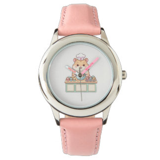 Cute Kawaii Hamster Chef Baking Cupcakes Pink Watch