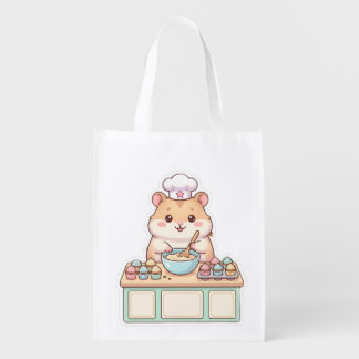 Cute Kawaii Hamster Chef Baking Cupcakes Reusable Grocery Bag