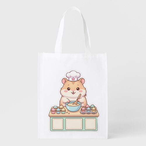 Cute Kawaii Hamster Chef Baking Cupcakes Reusable  Grocery Bag