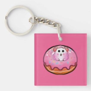 Cute Kawaii Hamster in Pink Frosted Donut Art Keychain
