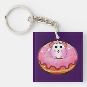 Cute Kawaii Hamster in Pink Frosted Donut Art Keychain