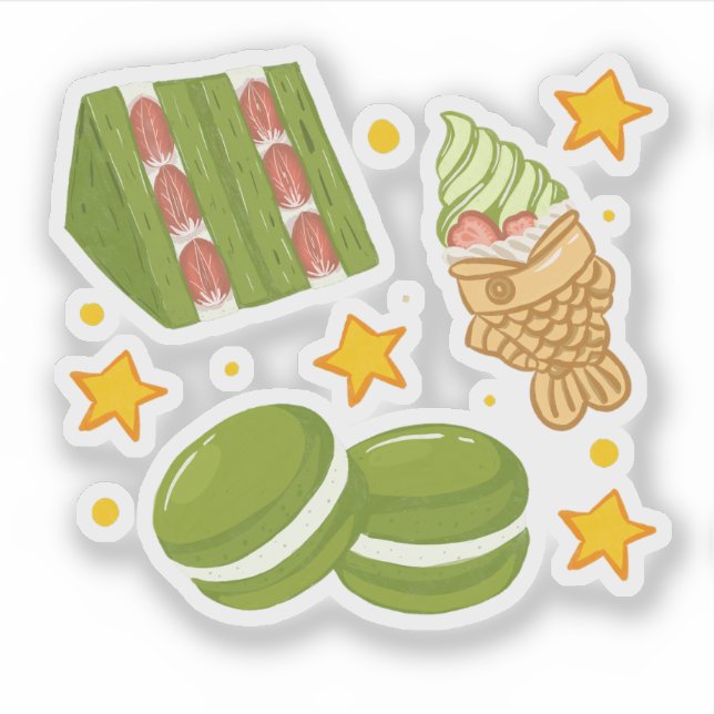 Cute Kawaii Hand-Drawn Matcha Sweets Sticker (Front)