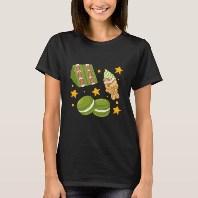 Cute Kawaii Hand-Drawn Matcha Sweets T-Shirt (Front)