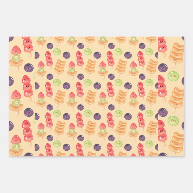 Cute Kawaii Hand-drawn Tanghulu Seamless Pattern Wrapping Paper Sheets (Front)