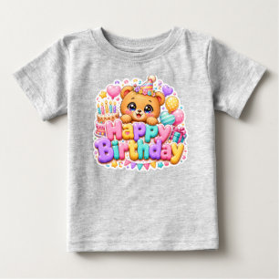 Cute Kawaii Happy Birthday Teddy Bear Pastel Pink Baby T-Shirt