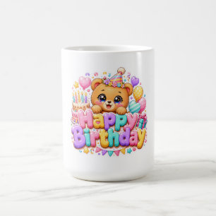 Cute Kawaii Happy Birthday Teddy Bear Pastel Pink Coffee Mug