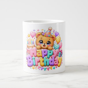 Cute Kawaii Happy Birthday Teddy Bear Pastel Pink Giant Coffee Mug