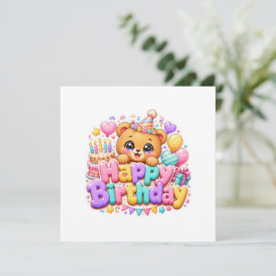 Cute Kawaii Happy Birthday Teddy Bear Pastel Pink Invitation