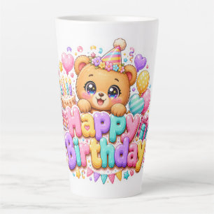 Cute Kawaii Happy Birthday Teddy Bear Pastel Pink Latte Mug