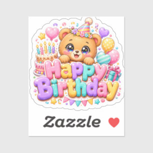 Cute Kawaii Happy Birthday Teddy Bear Pastel Pink Sticker