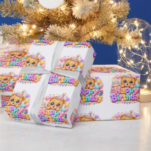 Cute Kawaii Happy Birthday Teddy Bear Pastel Pink Wrapping Paper