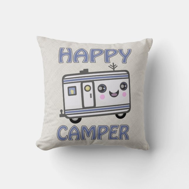 Cute Kawaii Happy Camper Throw Pillow (Front)