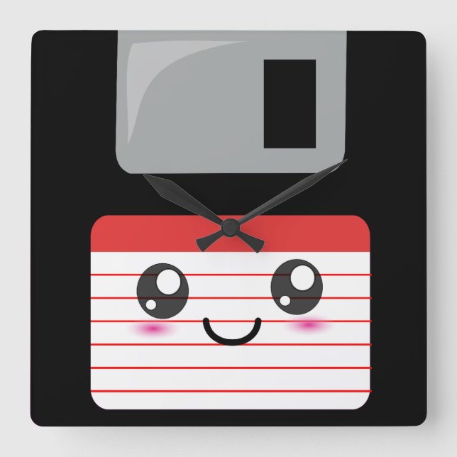 Cute / Kawaii Happy Floppy Disk Square Wall Clock (Front)