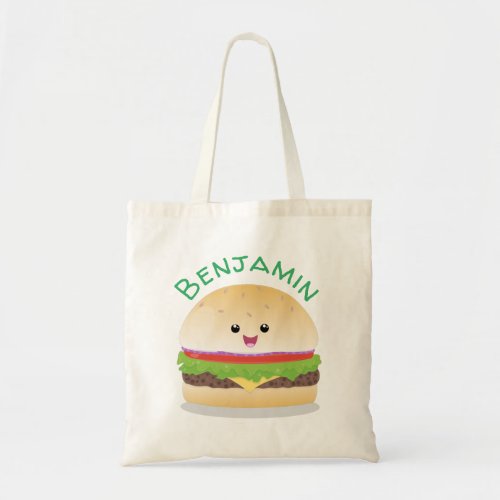 Cute kawaii happy hamburger cartoon illustration tote bag