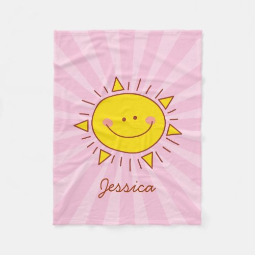 Cute Kawaii Happy Little Sunshine Doodle Kids Pink Fleece Blanket