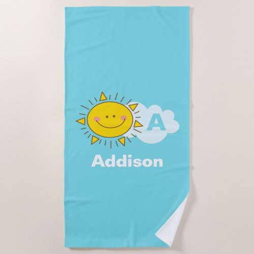 Cute Kawaii Happy Sunshine Monogram Add Your Name Beach Towel