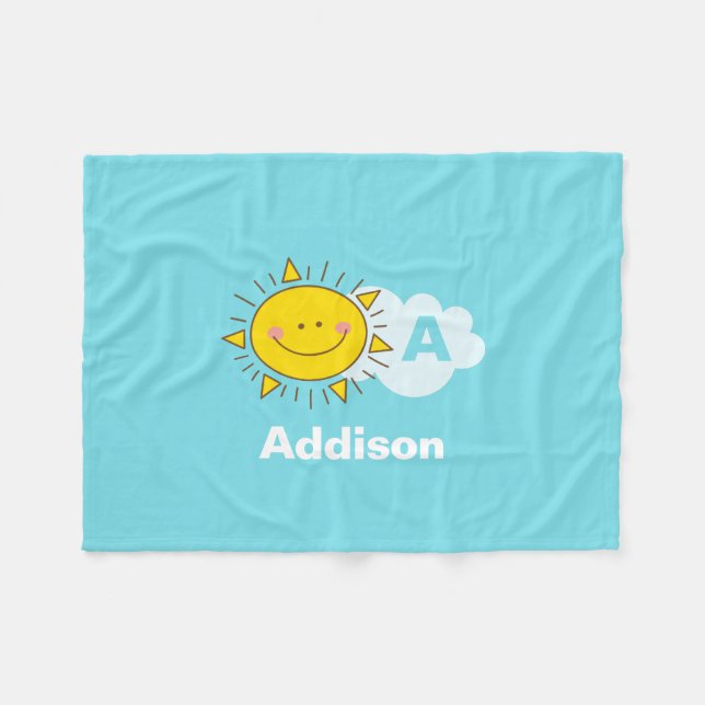 Cute Kawaii Happy Sunshine Monogram Add Your Name Fleece Blanket (Front (Horizontal))