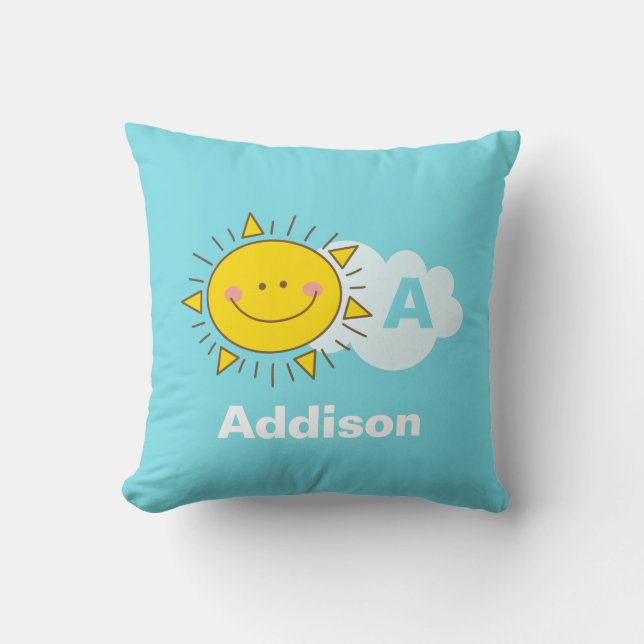 Cute Kawaii Happy Sunshine Monogram Baby Nursery Throw Pillow (Front)