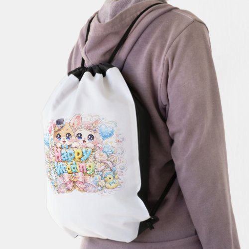 Cute Kawaii Happy Wedding Couple Animals Pastel Pi Drawstring Bag