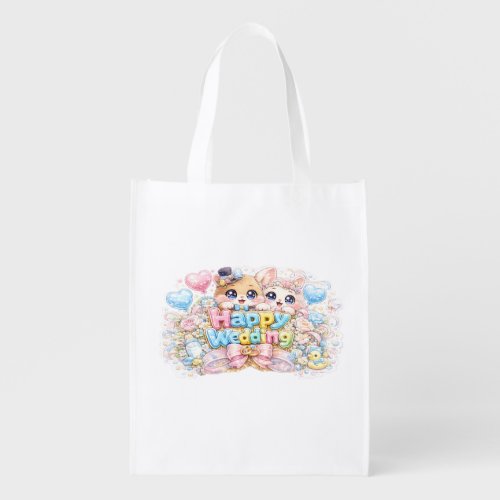 Cute Kawaii Happy Wedding Couple Animals Pastel Pi Grocery Bag