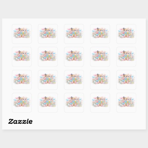 Cute Kawaii Happy Wedding Couple Animals Pastel Pi Square Sticker