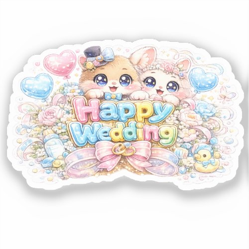 Cute Kawaii Happy Wedding Couple Animals Pastel Pi Sticker