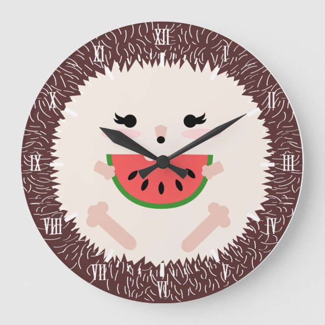Cute Kawaii Hedgehog & Watermelon Large Clock (Front)