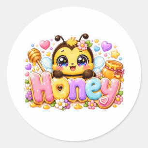 Cute Kawaii Honey Bee Name Pastel Pink Sparkling B Classic Round Sticker